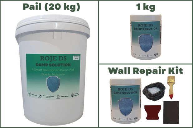 Berbagai varian ROJE DS. Tersedia dalam kemasan 1 kg, pail 20 kg, serta Wall Repair Kit.