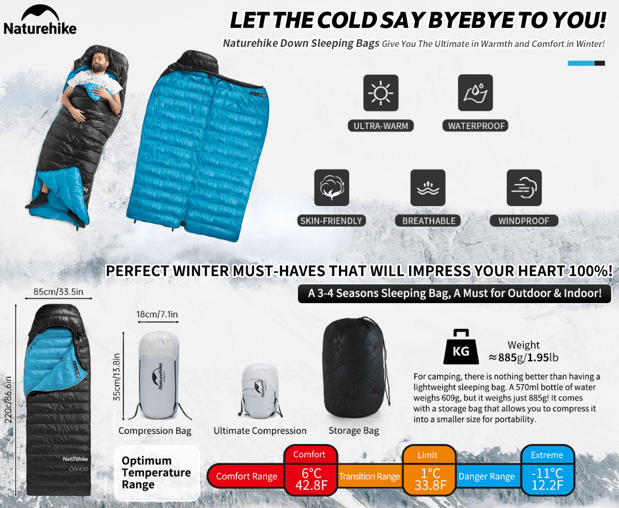 Naturehike down sleeping bag, best lightweight sleeping bag for backpacking