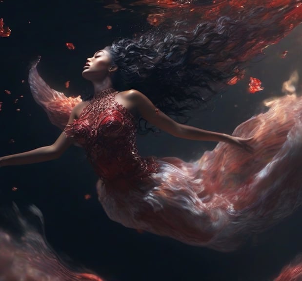 Divine Fem a woman in a red dress is flying through the air