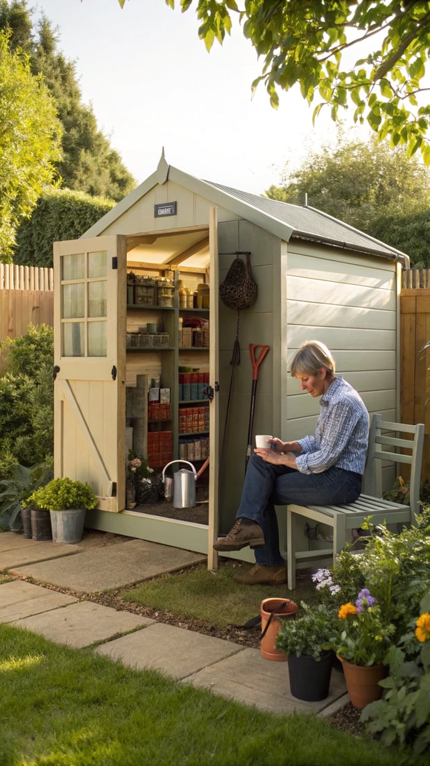A serene garden scene with an open garden shed in the background. Inside the shed, organized tools and neatly labeled bins