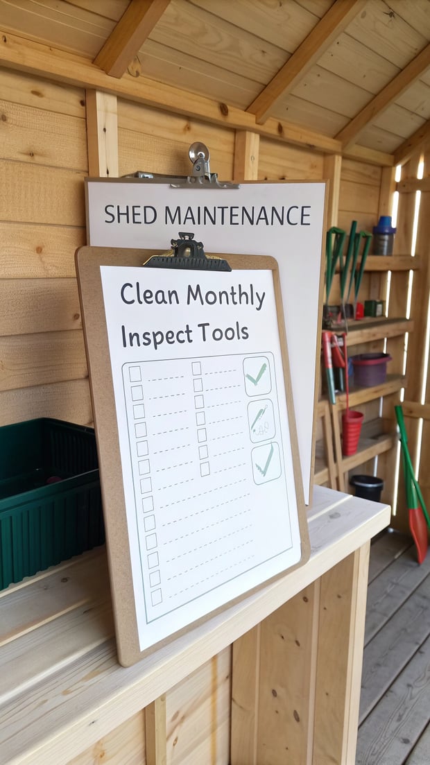 A clipboard with a checklist titled “Shed Maintenance” is hanging inside a tidy garden shed. The checklist includes tasks