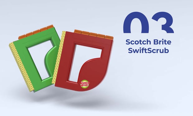 3D render of Scotch-Brite SwiftScrub in red and green with logo and ergonomic grip design.