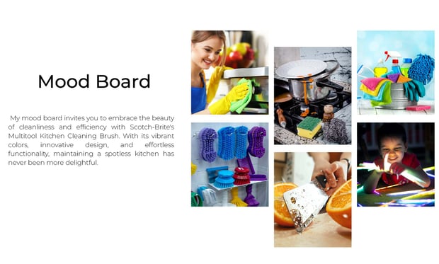 Mood board featuring colorful kitchen tools, cleaning scenes, and bright household moments.