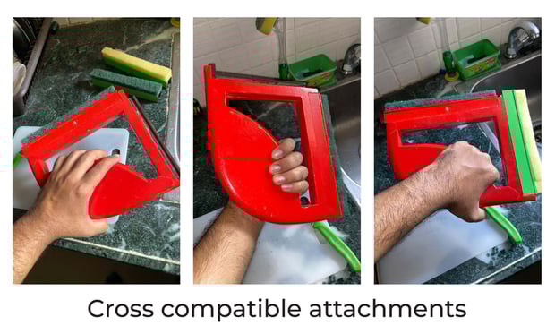 In-hand shots showing attachment compatibility and grip comfort of red SwiftScrub unit.