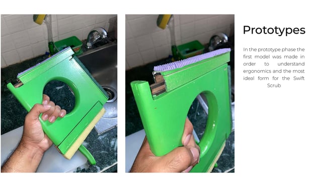 Early green SwiftScrub prototype tested for grip and ergonomic form in real kitchen setting.