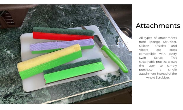 Set of SwiftScrub attachments including sponge, viper, and silicon brush on white cutting board.
