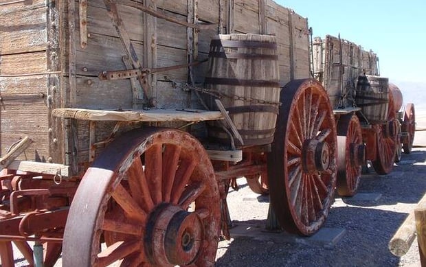 Death Valley, CA - Borax Museum has wagons full of borax that a 20 mule team would transport