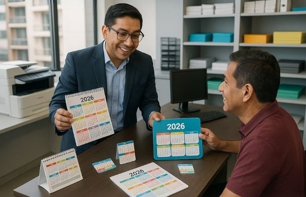Asesor de imprenta mostrando diferentes tipos de calendarios 2026 a un cliente en una oficina moderna en Lima, Perú, ambos re