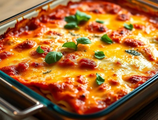 a casserole dish with cheese and sauce