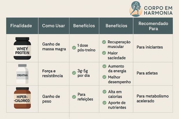 Tabela Comparativa de Suplementos(Whey Protein vs Hipercalórico vs Creatina)