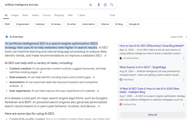 Screenshot showing the impact of AI Overviews on organic traffic
