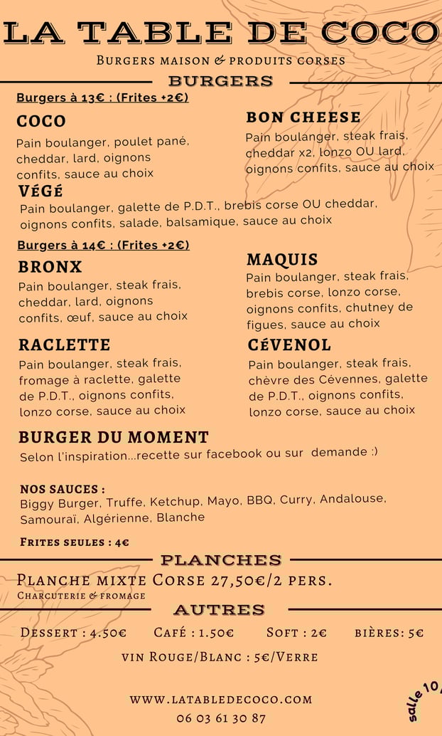 carte snack la table de coco saint christol les ales