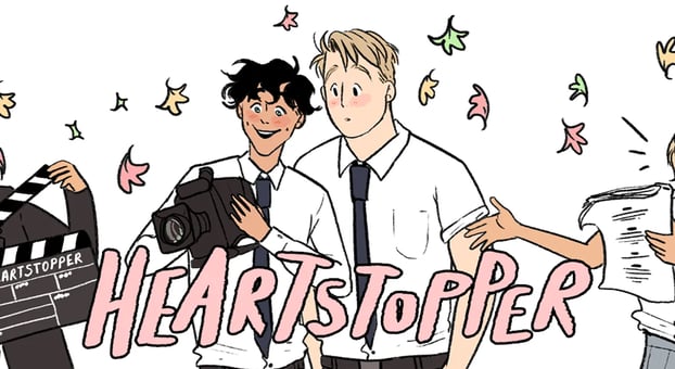 Graphic Novel Nick and Charlie looking at a camera with leaves surrounding them.