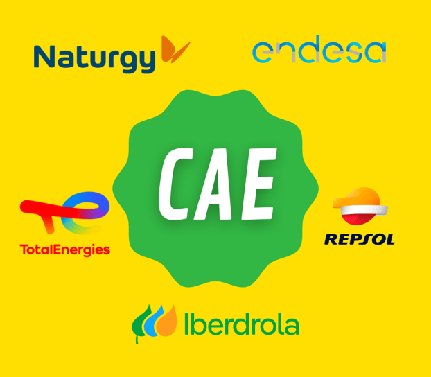 Logos de CAE, TotalEnergies, Repsol, Iberdrola, Endesa y Naturgy – ayudas para aislamiento térmico