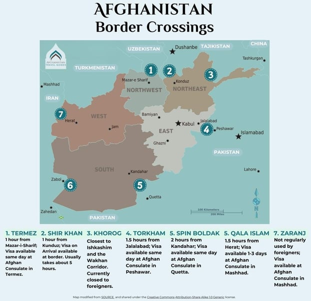 Infographic map showing Afghanistan border crossing points, with notes on visas and travel times