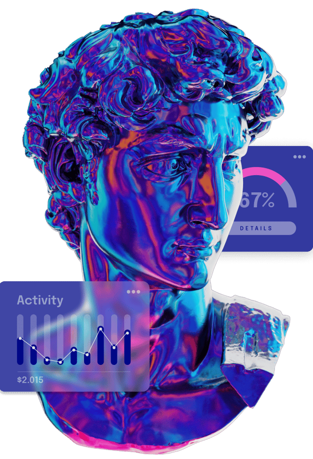A stylized, iridescent statue of David with digital overlays showing a progress bar, a line graph.