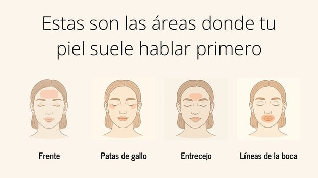 Siluetas faciales que muestran las primeras zonas con signos de envejecimiento donde se aplica bótox preventivo