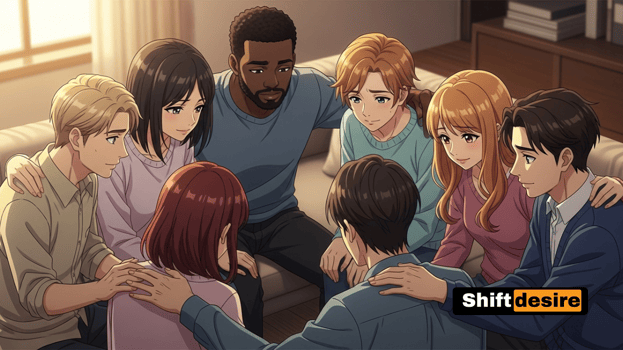 Support group of young adults in a circle, comforting one another, anime real-life style with hopeful expressions, warm light