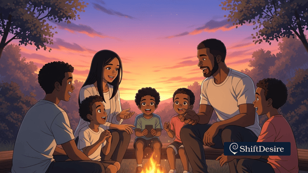 familia reunida na fogueira