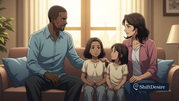 Family sitting together on the couch having a serious but loving conversation. Warm lighting, realistic style, protective moo