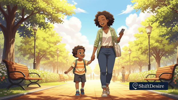 Mother and son walking hand in hand through a park, smiling, with no phones visible. Bright daylight, warm colors, representi