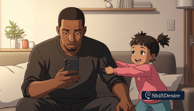 Father checking his phone while his daughter tries to pull his attention. Cinematic lighting, emotional realism, minimalist h