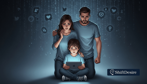 A powerful, emotional digital illustration of a concerned mother and father standing protectively behind their child, who is 