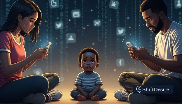 Family sitting on the floor in a cozy living room, laughing, playing a board game, phones set aside. Warm lighting, emotional