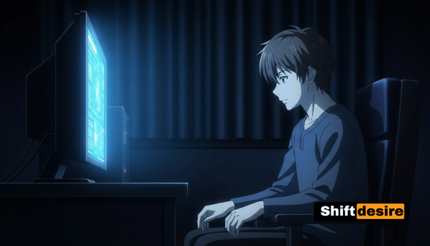 Young adult male sitting alone in a dark room, lit by the blue glow of a screen, anime realistic style, emotional tone, isola