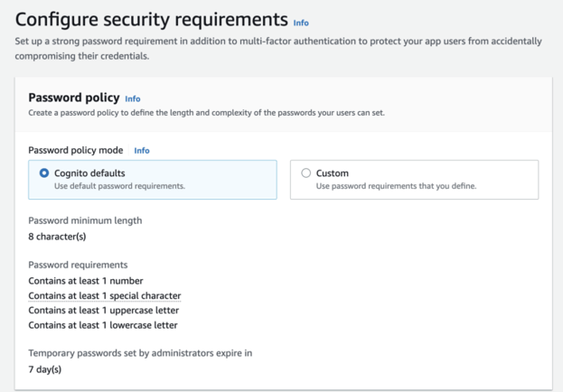 configure security requirements for Cognito User Pool
