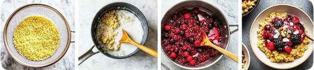 The image shows the process of preparing quinoa with berries, from rinsing and cooking to serving with toppings.