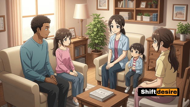 Anime-style illustration of a diverse family sitting in a cozy therapy room, speaking with a kind female therapist.