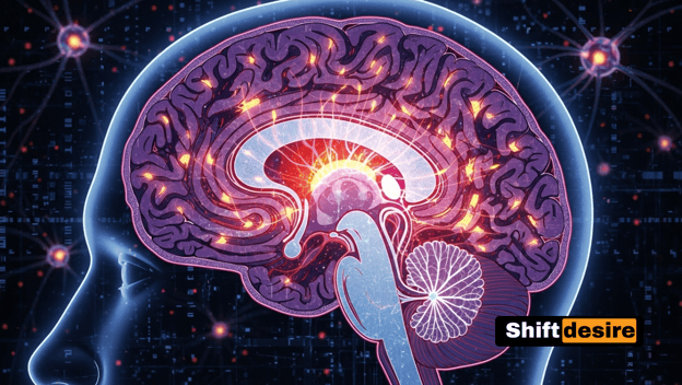 Anime-style cross-section of a human brain lit up with dopamine signals