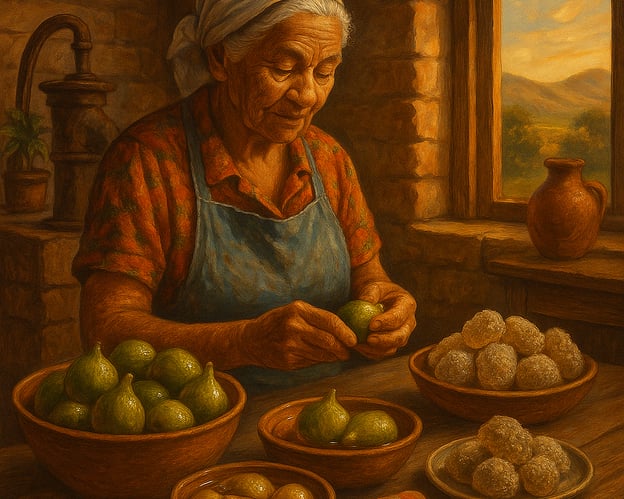 senhora brasileira preparando doce de figo em ambiente rural, com linhas delicadas