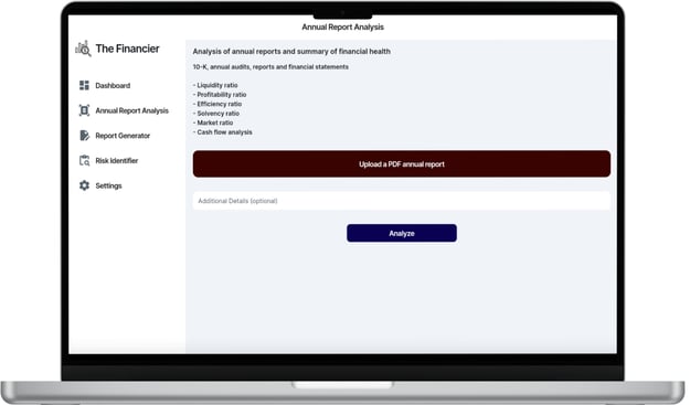annual report analysis feature of the financier web app displayed on a laptop screen