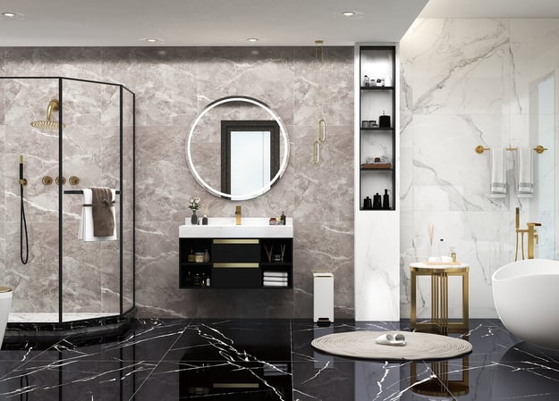 a bathroom with a tub and a large mirror