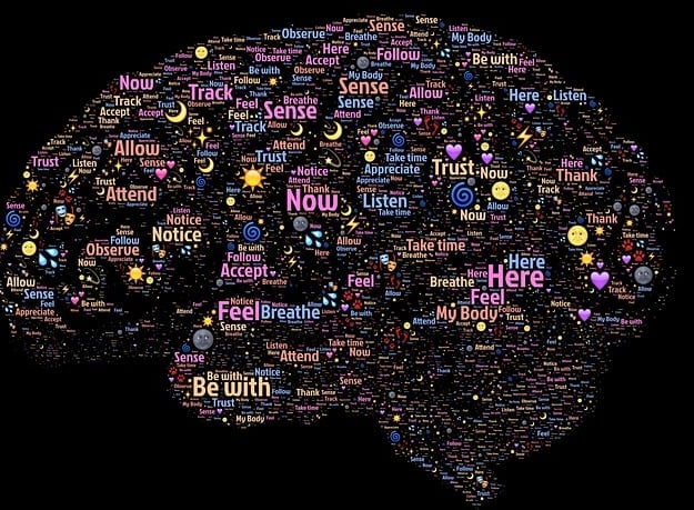 a styaliseimage of the brain made up of words depicting emotions and feelings