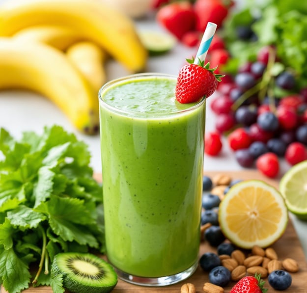 a green smoothie with fruit and nuts