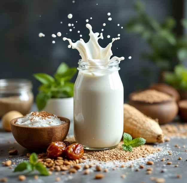 an array of ingredients.... almond milk, coconut milk, Coconut water, Greek yogurt, honey, dates, M
