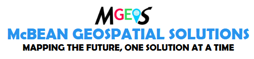 A combination mark with logo for MGeoS: McBean Geospatial Solutions. Motto: Mapping the Future, One Solutions at a Time.