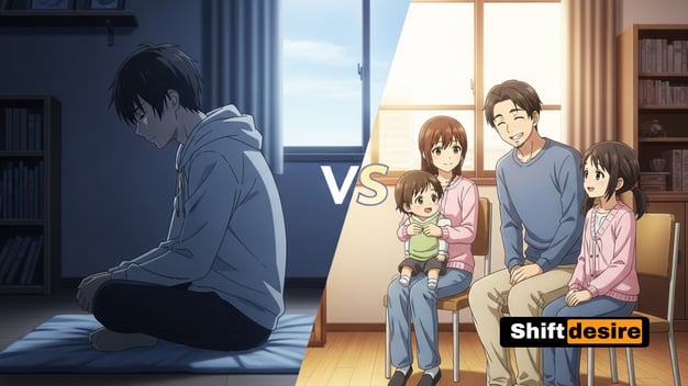 Split-screen anime illustration: on the left, the young man is alone and sad in a dim room