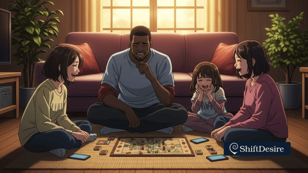 Emotional, cinematic digital illustration of a young child sitting on the floor, looking up sadly at their mother and father,