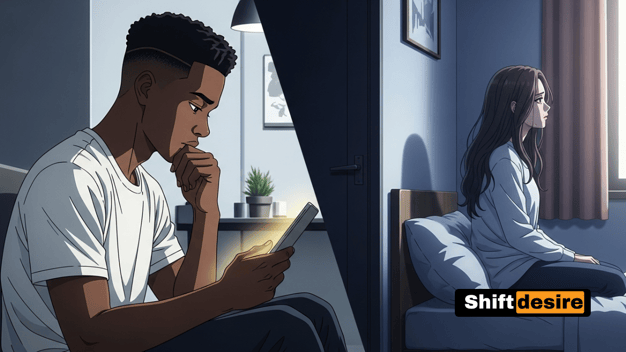Split image: one side showing a man watching screen alone, other side showing emotional disconnection with partner, anime sto