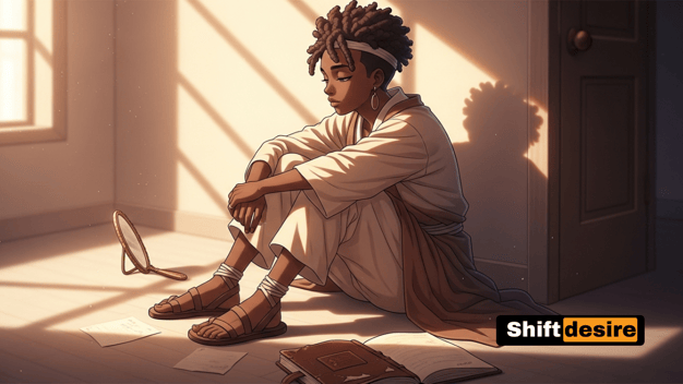 Anime-style character sitting on the floor with journal and mirror