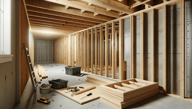 Basement under construction with wooden wall framing and partially installed drywall, showcasing a c