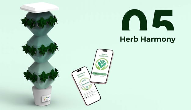 Render of Herb Harmony hydroponic tower with mobile app interface for plant monitoring.