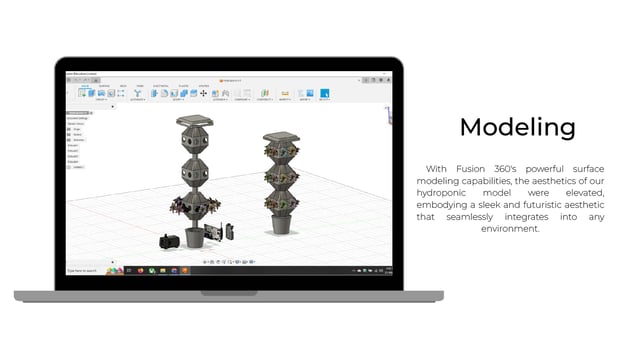 Fusion 360 CAD model of Herb Harmony tower showing modular hydroponic pod system.