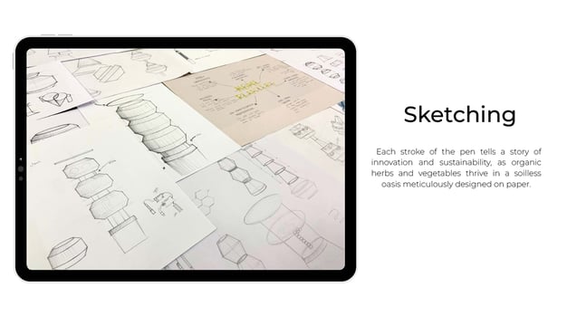 Hand-drawn sketches showing early concept development of Herb Harmony hydroponic system.