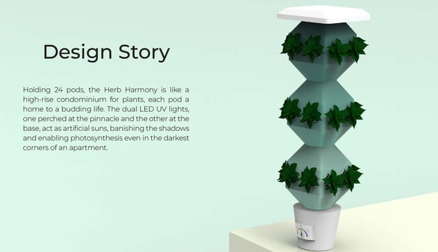 Render of vertical Herb Harmony unit with 24 planting pods and LED grow lights.