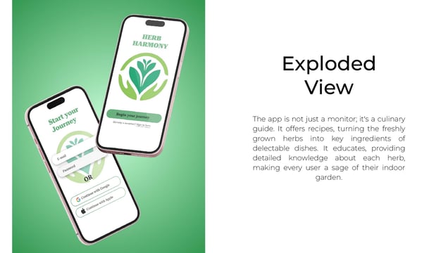 Herb Harmony mobile app mockup with plant tracking, herb info, and recipe suggestions.